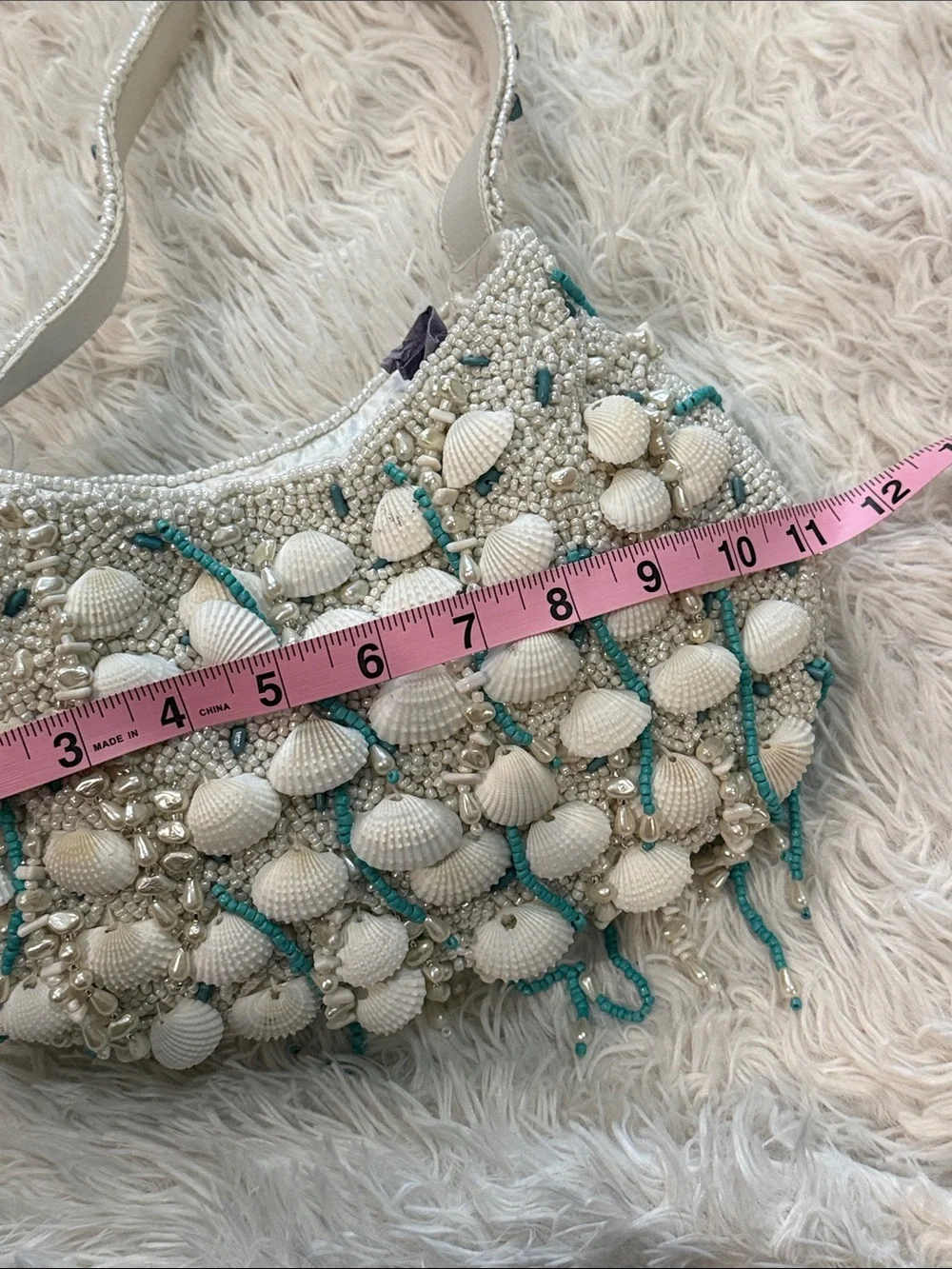 NWT Beaded Shell Accent White Shoulder Bag with Turquoise Detail